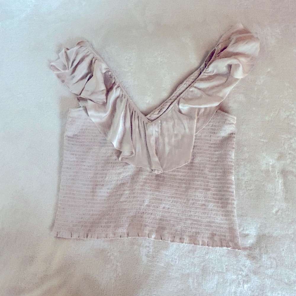 Express Cream Ruffled Ribbed Blouse